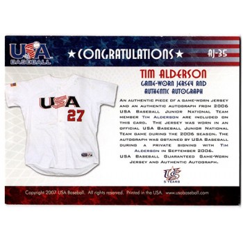 Tim Alderson Signed 2007 USA Baseball Junior Jersey Signature Blue /150 #AJ-35