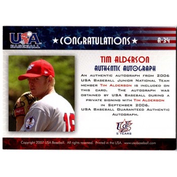 Tim Alderson Signed 2007 USA Baseball Junior Signature Black Ink /595 #A-34