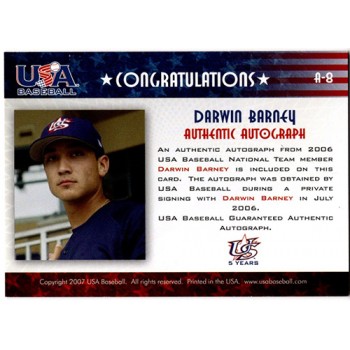 Darwin Barney Signed 2007 USA Baseball National Signature Blue Ink /275 #A-8