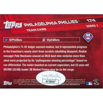 Peter Bourjos Phillies Signed 2017 Topps Series 1 Card #174 JSA Authenticated