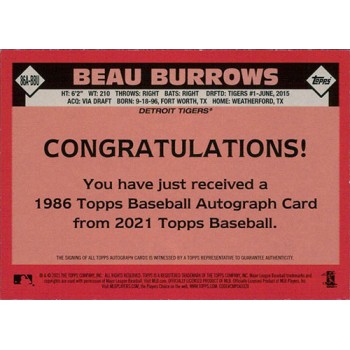 Beau Burrows Signed 2021 Topps Series 1 1986 35th Anniversary Card #86A-BBU