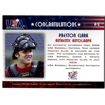 Preston Clark Signed 2007 USA Baseball National Signature Blue Ink /275 #A-5