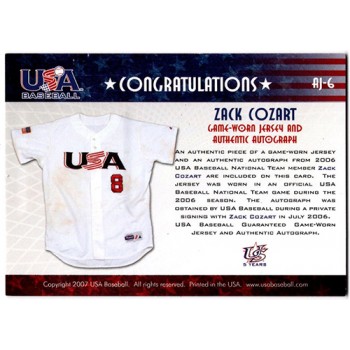 Zack Cozart Signed 2007 USA Baseball National Jersey Signature Black /295 #AJ-6