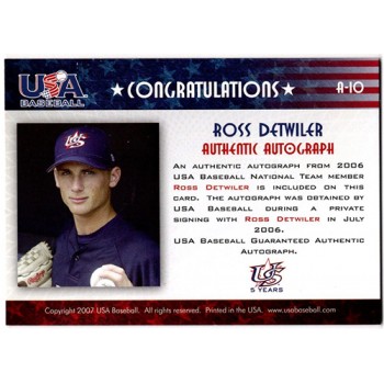 Ross Detwiler Signed 2007 USA Baseball National Signature Black Ink /595 #A-10