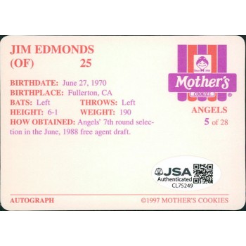 Jim Edmonds Anaheim Angels Signed 1997 Mothers Cookies Card #5 JSA Authenticated Jim Edmonds Anaheim Angels Signed 1997 Mothers Cookies Card #5 JSA Authenticated