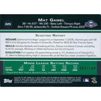 Mat Gamel Milwaukee Brewers Signed 2009 Bowman Blue Card #225 66/500