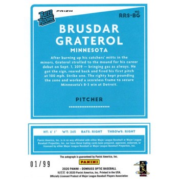 Brusdar Graterol Signed 2020 Donruss Optic Rated Rookies Blue Prizm Card 1/99