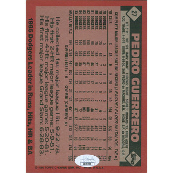 Pedro Guerrero Los Angeles Dodgers Signed 1986 Topps Jumbo Card #27 JSA Authen Pedro Guerrero Los Angeles Dodgers Signed 1986 Topps Jumbo Card #27 JSA Authen