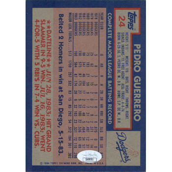 Pedro Guerrero Los Angeles Dodgers Signed 1984 Topps Jumbo Card #24 JSA Authen Pedro Guerrero Los Angeles Dodgers Signed 1984 Topps Jumbo Card #24 JSA Authen