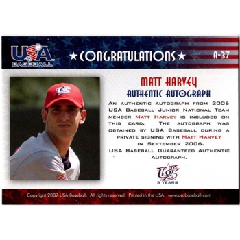 Matt Harvey Signed 2007 USA Baseball Junior Signature Black Ink /595 #A-37