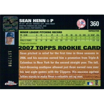 Sean Henn New York Yankees Signed 2007 Topps Chrome White Refactor Card #360 200