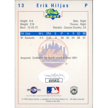Erik Hiljus Kingsport Mets Signed 1992 Classic Best Card #13 JSA Authentic