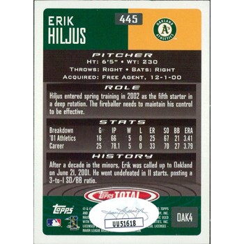 Erik Hiljus Oakland A's Signed 2002 Topps Total Card #445 JSA Authenticated