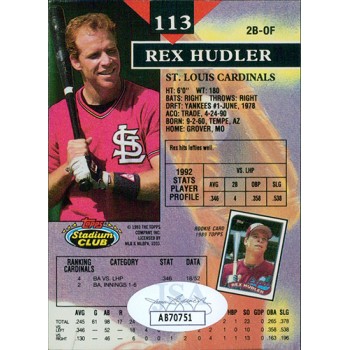 Rex Hudler Cardinals Signed 1993 Topps Stadium Club Card #113 JSA Authenticated