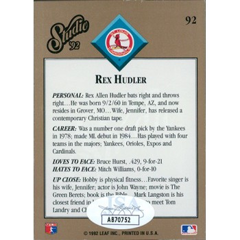 Rex Hudler Cardinals Signed 1992 Leaf Studio Card #92 JSA Authenticated