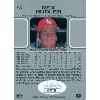 Rex Hudler St. Louis Cardinals Signed 1990 Leaf Card #439 JSA Authenticated