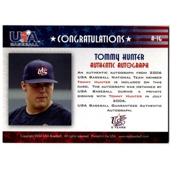 Tommy Hunter Signed 2007 USA Baseball National Signature Blue Ink /275 #A-16