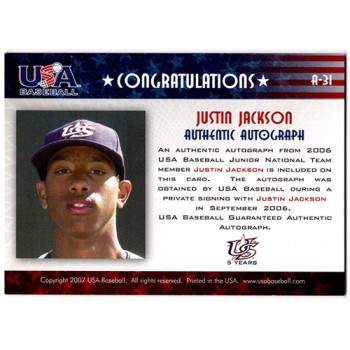 Justin Jackson Signed 2007 USA Baseball Junior Signature Card #A-31 /595