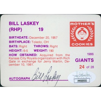 Bill Laskey San Francisco Giants Signed 1986 Mother's Cookies Card JSA Authentic