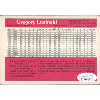 Greg Luzinski White Sox Signed 1983 Donruss Jumbo Card #4 JSA Authenticated