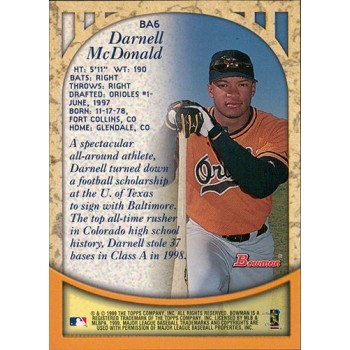 Darnell McDonald Baltimore Orioles Signed 1999 Bowman Blue Card #BA6