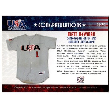 Matt Newman Signed 2007 USA Baseball Junior Jersey Signature Black /295 #AJ-25