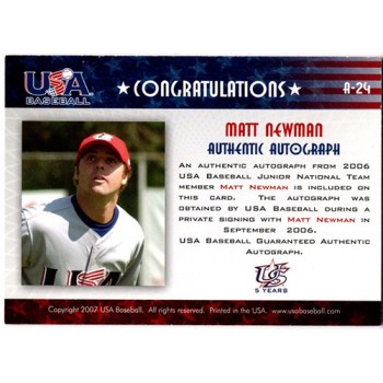 Matt Newman Signed 2007 USA Baseball Junior Signature Black Ink /595 #A-24