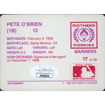 Pete O'Brien Seattle Mariners Signed 1990 Mother's Cookies Card JSA Authentic