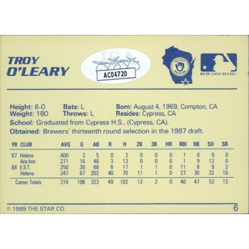 Troy O'Leary Milwaukee Brewers Signed 1989 The Star Card #6 JSA Authenticated