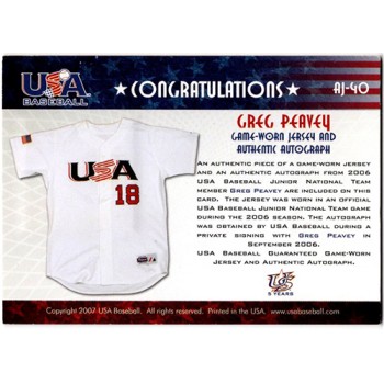 Greg Peavey Signed 2007 USA Baseball Junior Jersey Signature Black /295 #AJ-40