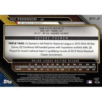 Joc Pederson LA Dodgers Signed 2016 Topps Triple Threads Card #RFP-JP 48/75