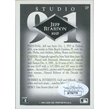 Jeff Reardon Boston Red Sox Signed 1991 Leaf Studio Card #19 JSA Authenticated