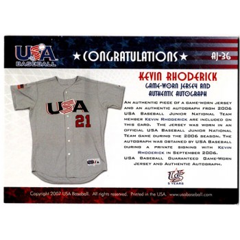 Kevin Rhoderick Signed 2007 USA Baseball Junior Jersey Signature Blue /150 AJ-36