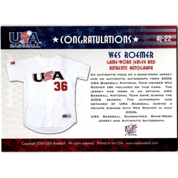 Wes Roemer Signed 2007 USA Baseball National Jersey Signature Blue /150 #AJ-22