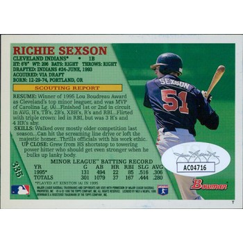 Richie Sexson Cleveland Indians Signed 1996 Bowman Card #335 JSA Authenticated