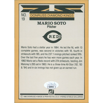 Mario Soto Cincinnati Reds Signed 1985 Donruss DK Jumbo Card #19 JSA Authentic Mario Soto Cincinnati Reds Signed 1985 Donruss DK Jumbo Card #19 JSA Authentic