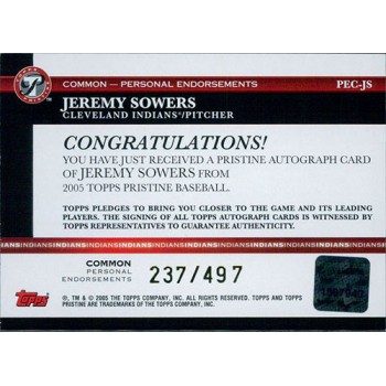Jeremy Sowers Signed 2005 Topps Pristine Personal Endorsements Card #PEC-JS /497
