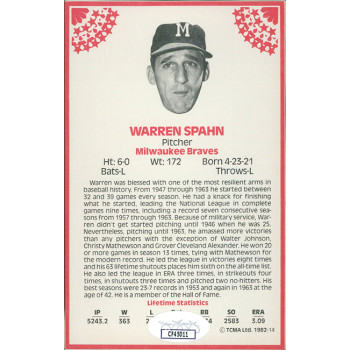 Warren Spahn Milwaukee Braves Signed 1982 TCMA 3.5x5.5 Card #14 JSA Authentic Warren Spahn Milwaukee Braves Signed 1982 TCMA 3.5x5.5 Card #14 JSA Authentic