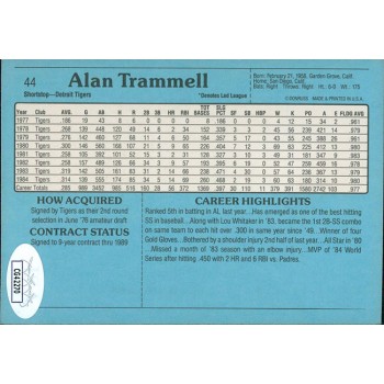 Alan Trammell Detroit Tigers Signed 1985 Donruss 3.5x5 Card #44 JSA Authen Alan Trammell Detroit Tigers Signed 1985 Donruss 3.5x5 Card #44 JSA Authen