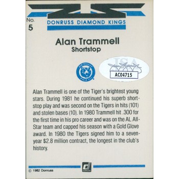 Alan Trammell Detroit Tigers Signed 1982 Donruss DK Card #5 JSA Authenticated
