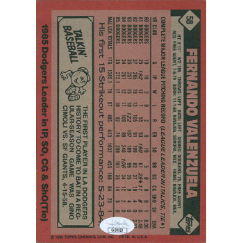 Fernando Valenzuela LA Dodgers Signed 1986 Topps Jumbo Card #58 JSA Authentic