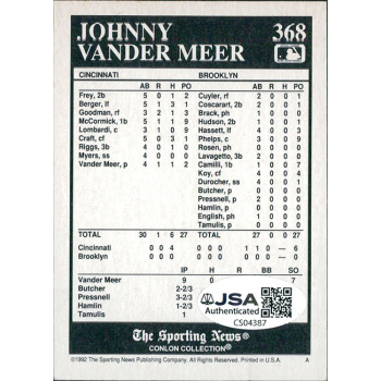 Johnny Vander Meer Signed 1992 The Sporting News Card #368 JSA Authenticated
