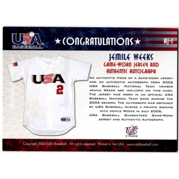 Jermile Weeks Signed 2007 USA Baseball National Jersey Signature Black 295 #AJ-1