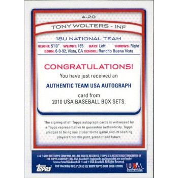 Tony Wolters Signed 2010 Topps USA Baseball Card #A-20 9/25