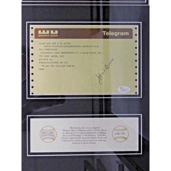 Hank Aaron Signed Framed Congratulatory Western Union Telegram on HR 715 JSA Authenticated