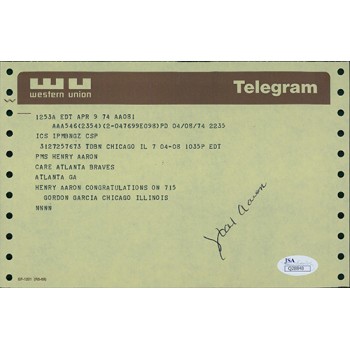 Hank Aaron Signed 1974 Congratulatory Western Union Telegram on HR 715 JSA Auth.