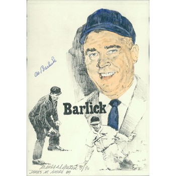 Al Barlick Umpire and James Amore Signed 7x10 Lithograph JSA Authenticated