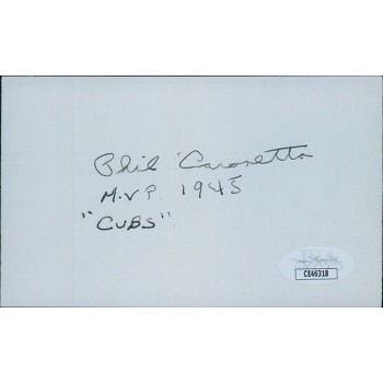Phil Cavaretta Chicago Cubs Signed 3x5 Index Card JSA Authenticated