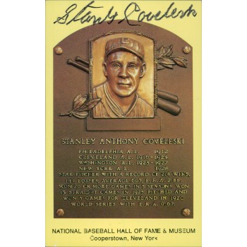 Stan Coveleski Signed Hall of Fame Cooperstown Plaque Postcard JSA Authenticated