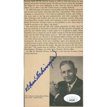 Charles Gehringer Tigers Signed 3.5x6.25 Newspaper Cut Page JSA Authenticated